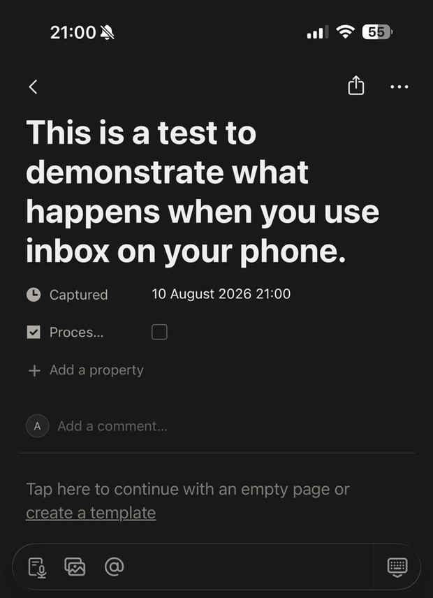 Typing a one-line note into the Notion Inbox on a phone