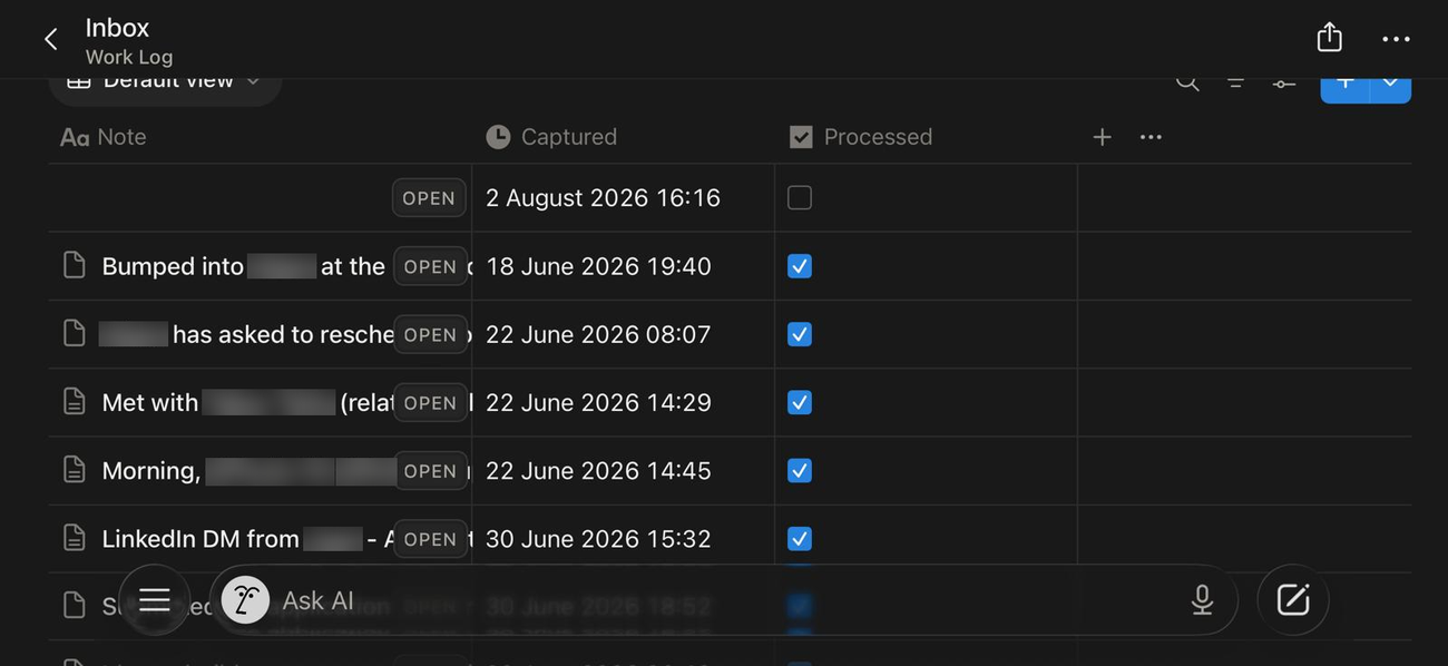 The Inbox database on a phone, showing captured one-line notes with timestamps and processed checkboxes