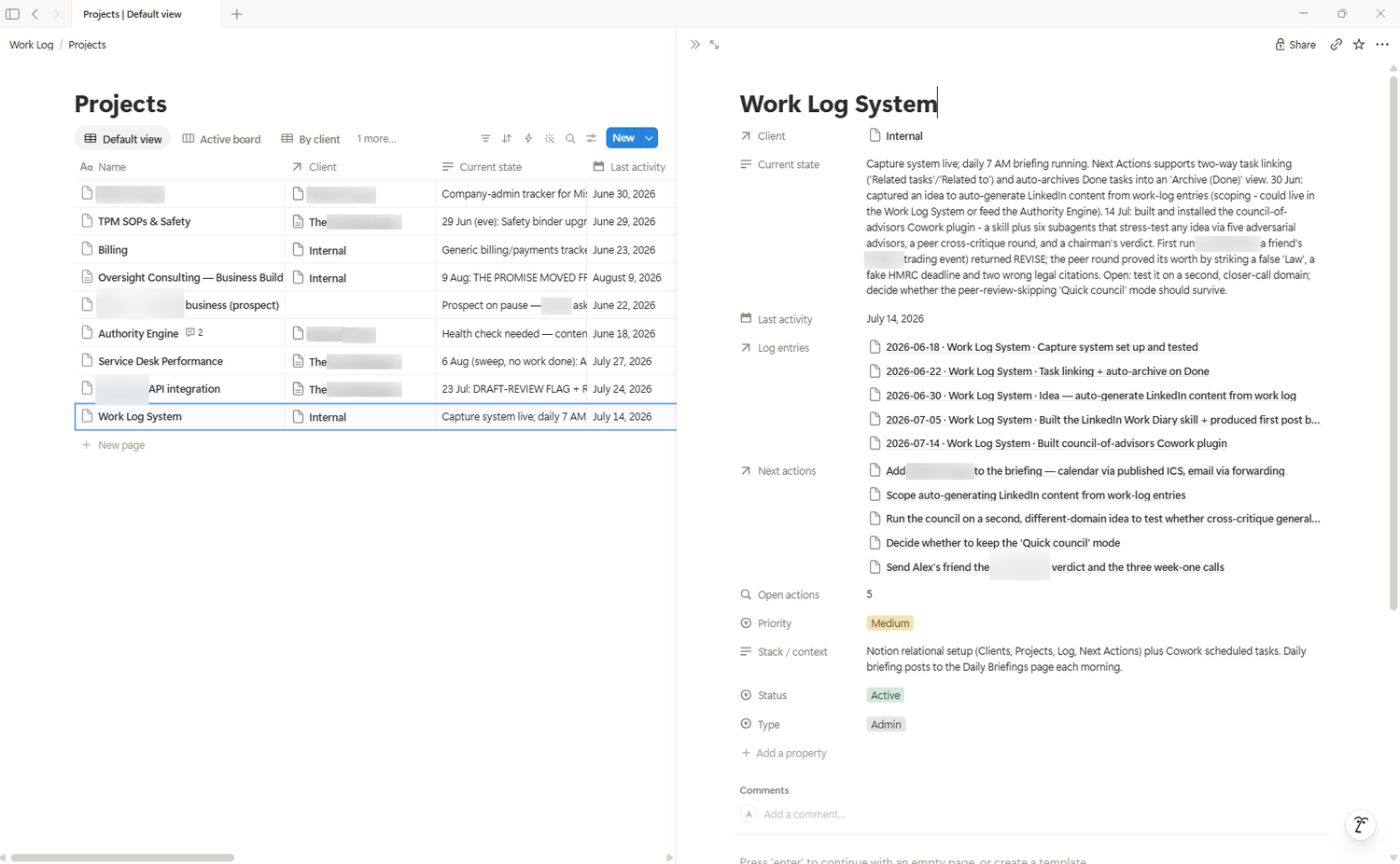 The Projects database in Notion with a project panel open, showing Current state, Last activity, linked log entries and next actions